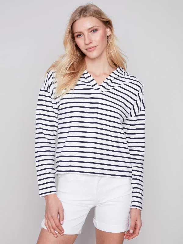 Striped V-Neck Top - Navy