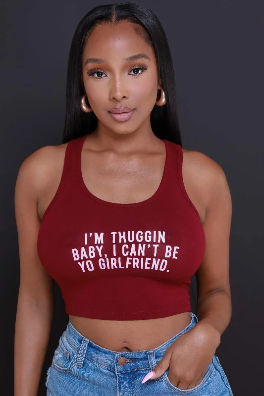 Thuggin Baby Graphic Print Crop Top - Burgundy/Pink