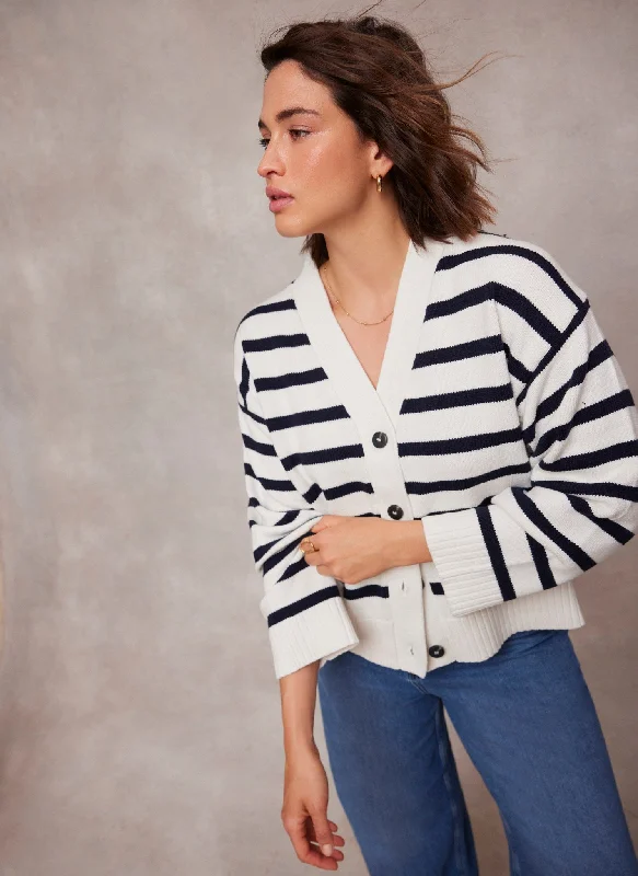 White Cotton Blend Stripe Boxy Cardigan