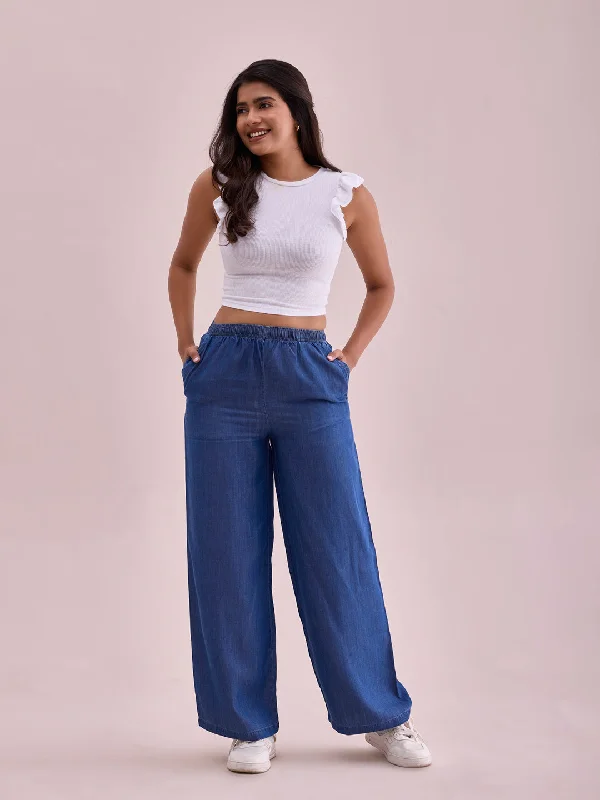 Women Solid Blue Denim Wide Leg Pants