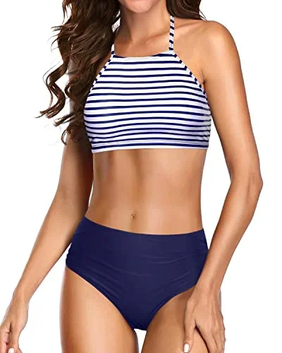 Removable Padding Triangle Bikini Sets For Women-Blue White Stripe