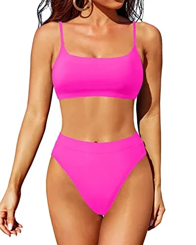 Scoop Neck High Waisted Bikini Set With Bottom For Women-Neon Pink