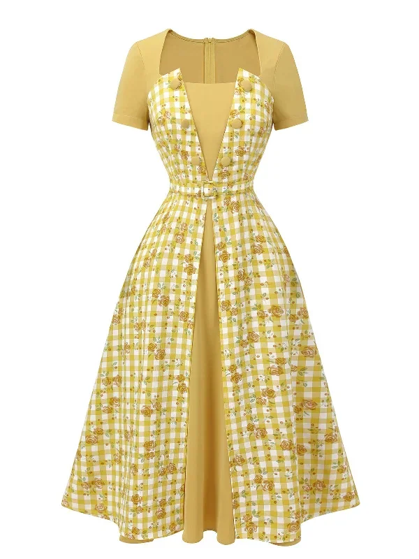 yellow-1950s-plaid-rose-panel-raglan-dress