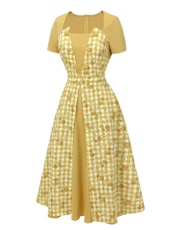 yellow-1950s-plaid-rose-panel-raglan-dress