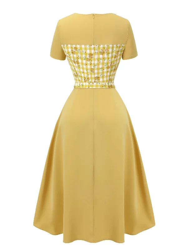 yellow-1950s-plaid-rose-panel-raglan-dress